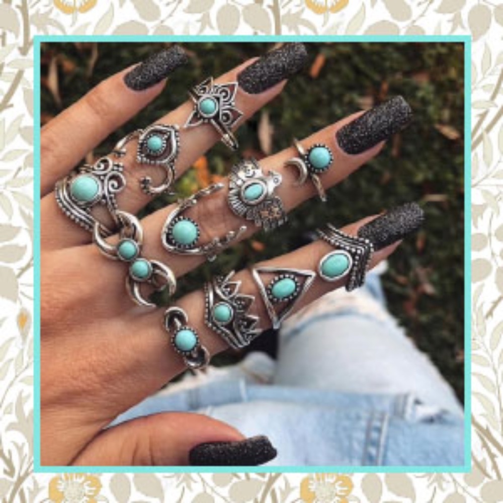 ๐ 11PC: SILVER & TEAL BOHO MIDI RINGS MOON CHIC RING BUNDLE SET TURQUOISE MOON - Picture 1 of 7